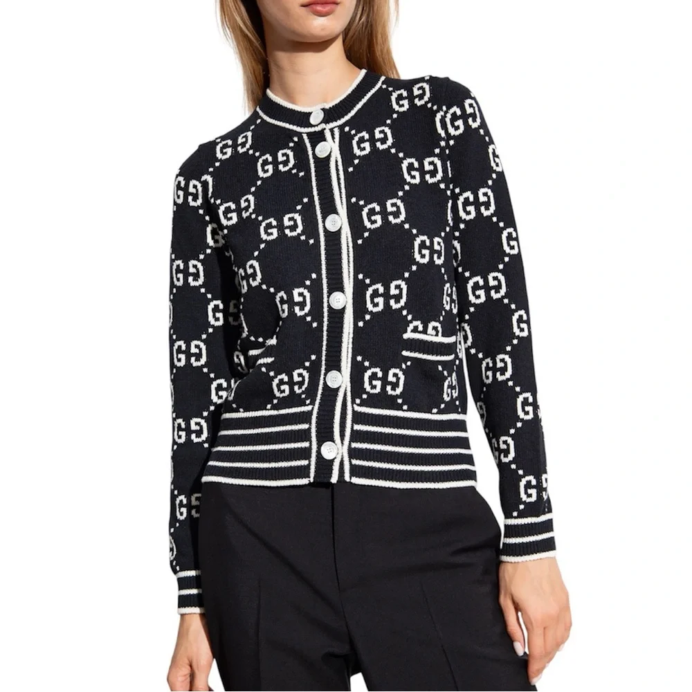 GUCCI 🙌 GG Supreme Logo Cardigan Sweater Black Ivory White Cotton XS - Picture 16 of 16